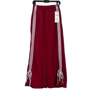 Wine Red Wide Leg Track Pants with Side Stripes and Bows